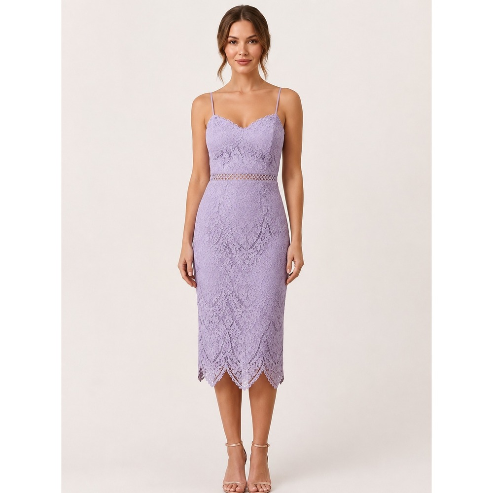 SAYLOR Lavender Lace Cami Midi Dress Crochet Waist Back Slit Size S
